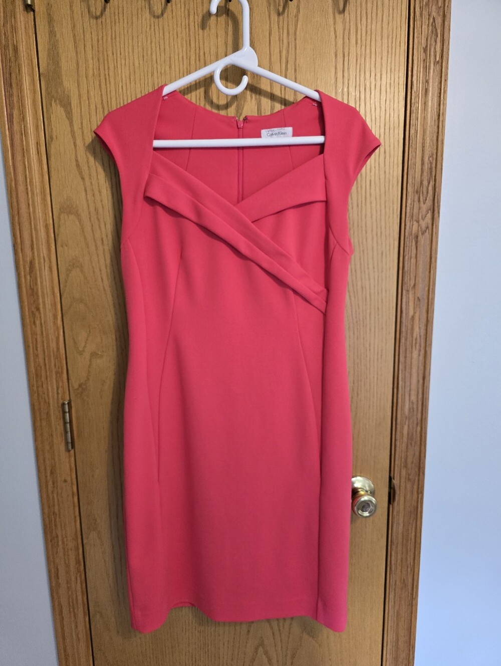Calvin Klein Coral Sheath Midi Dress with Folded Crossover Neckline